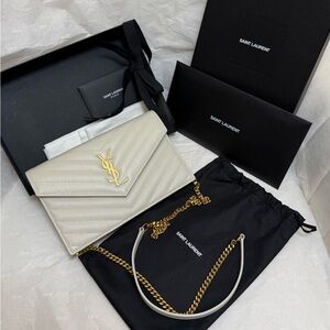Saint Laurent Cassandre Envelope Chain Wallet WOC Ivory GHW